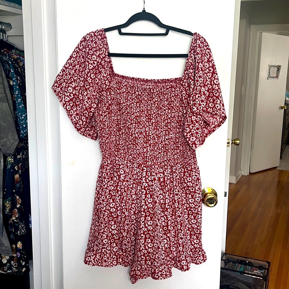 Red shirt sleeve short romper floral smocked